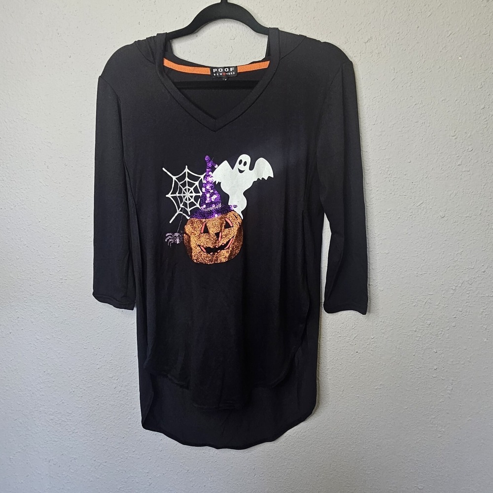 Poof New York Womens Halloween Sequin Pumpkin Ghost Hoodie Black 3/4 Sleeve S